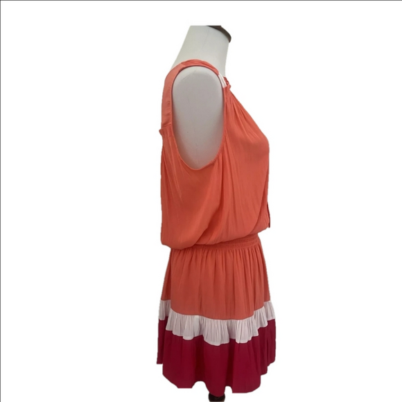Ramy Brook Smocked Waist Mini Dress Medium Colorblock Orange Pink Summer Resort - Picture 7 of 9